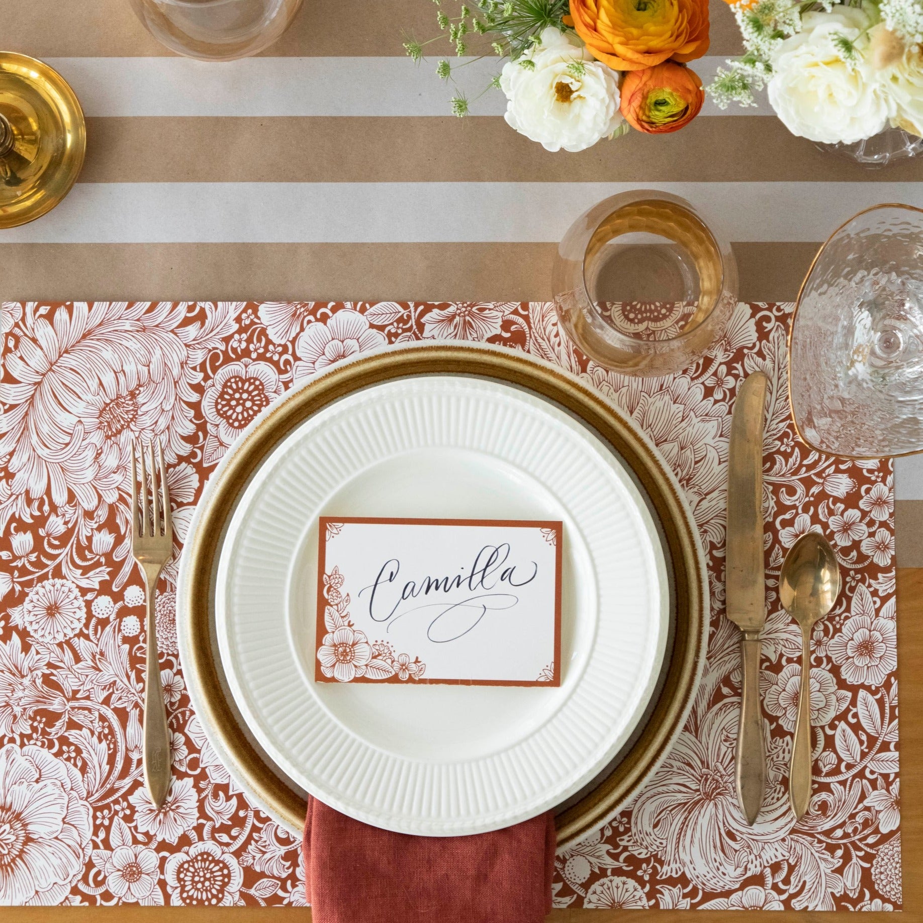 The Harvest Bouquet Placemat under a fall-themed place setting, from above.