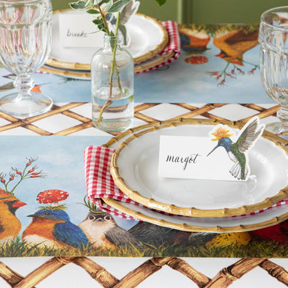 Bamboo Lattice Runner under a bird themed place setting.