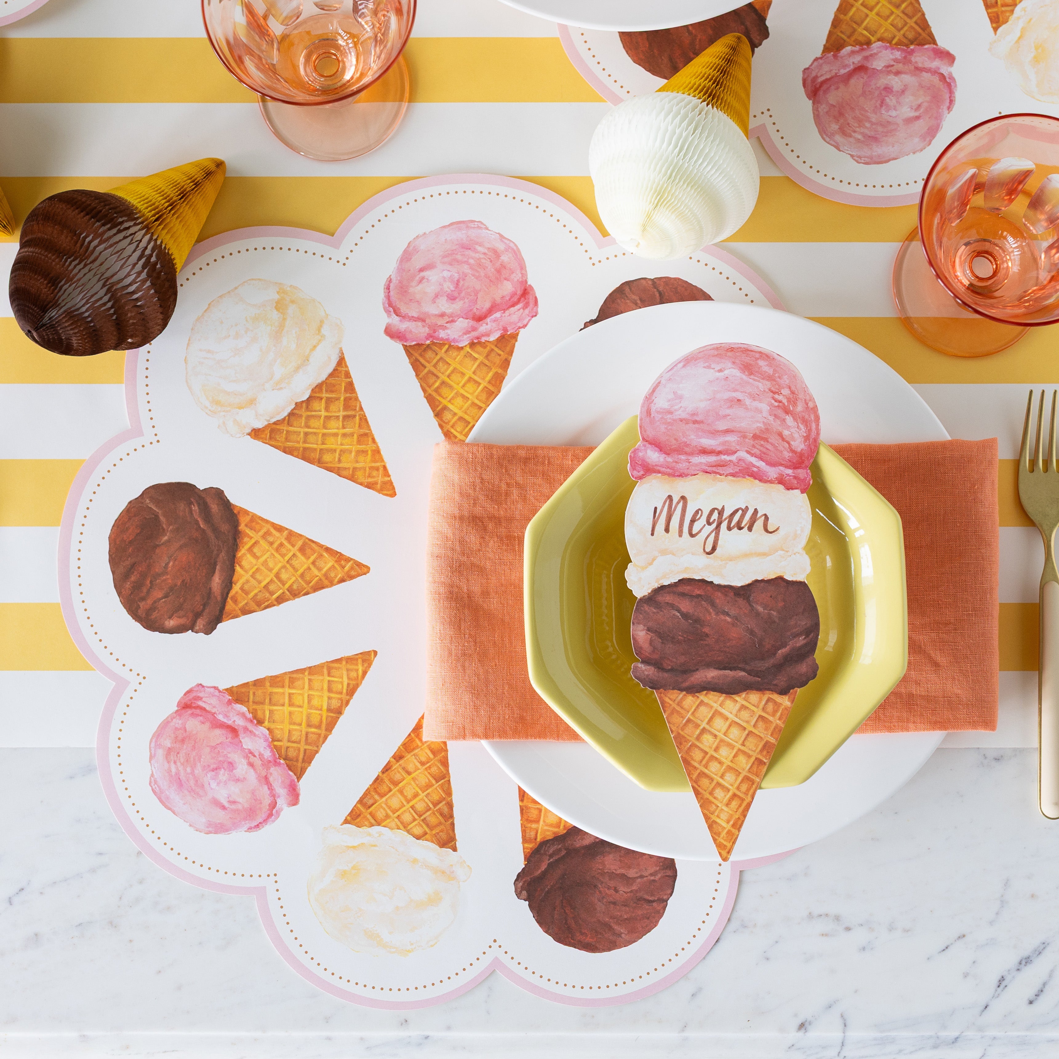 Ice Cream Treat Table Accent with &quot;Megan&quot; written on it, on an ice cream themed place setting.