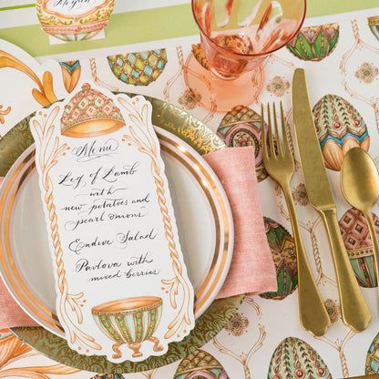 The Exquisite Egg Hunt Placemat under an elegant spring place setting.