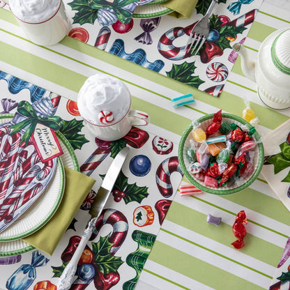 Green Awning Stripe Runner under a Christmas candy themed table setting.