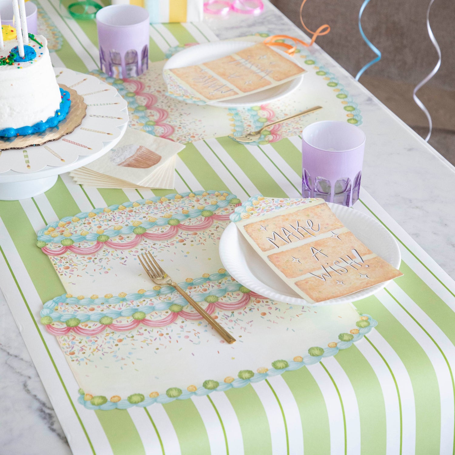 Green Awning Stripe Runner under a birthday themed table setting.