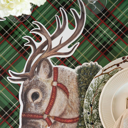 Close-up of the Green Plaid Runner under a festive Christmas-themed place setting, showing the plaid pattern in detail.