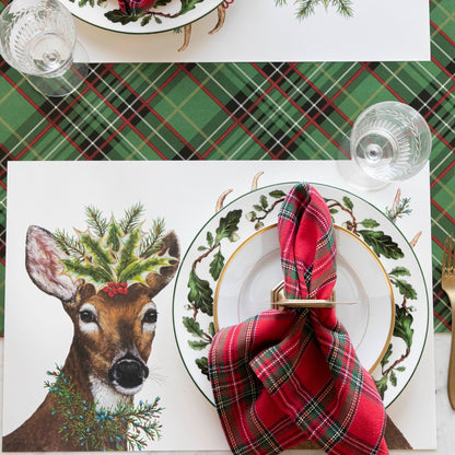 The Green Plaid Runner under an elegant Christmas table setting, from above.