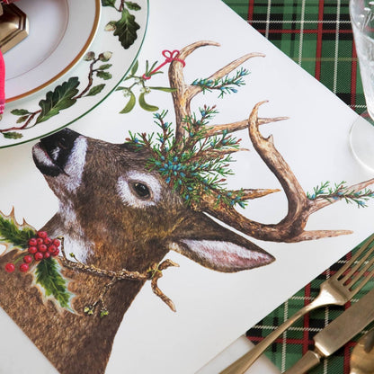 An elegant, festive table setting featuring the Deer to Me Placemat on the Green Plaid Runner.