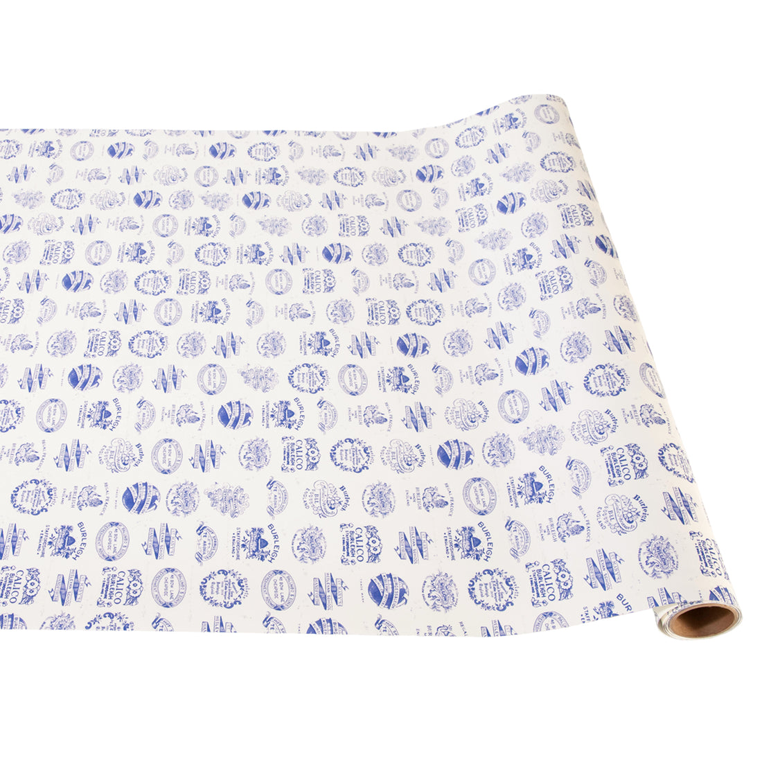 Burleigh Heritage Runner featuring a pattern of navy backstamps of the Burleigh logos.