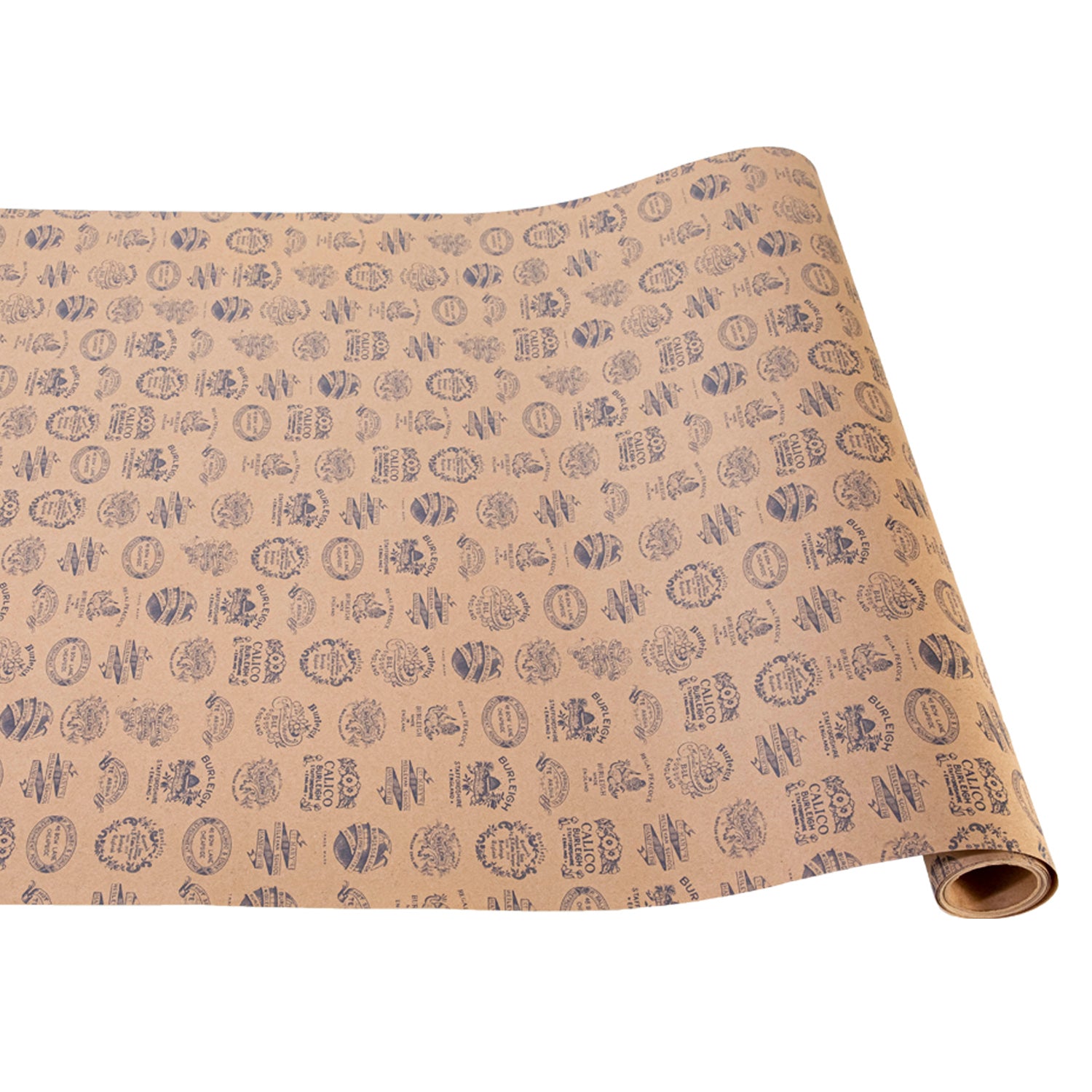 Kraft Burleigh Heritage Runner featuring a pattern of navy backstamps of the Burleigh logos, on kraft paper.