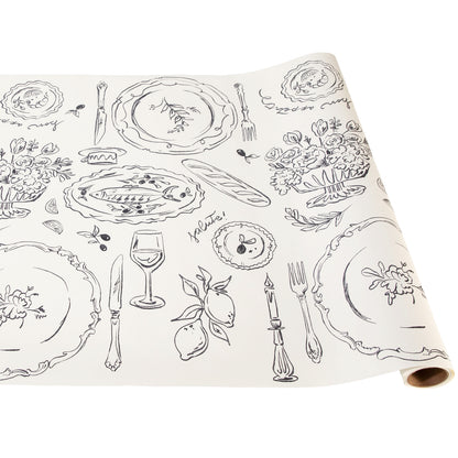 Dinner Party Runner featuring playful sketches of drawings inspired by drawing on paper tablecloths as a kid.