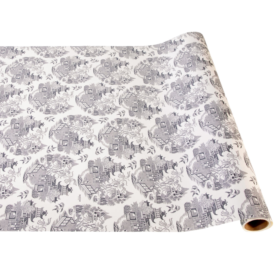 Black Willow Table Runner designed with  elements of the classic Blue Willow design  in rich black tones. This wide width paper toile is reminiscent of a luxurious fabric design. 