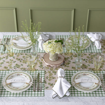 Green Cherry Blossom Runner under a spring table setting for four featuring the Green Painted Check Placemat.