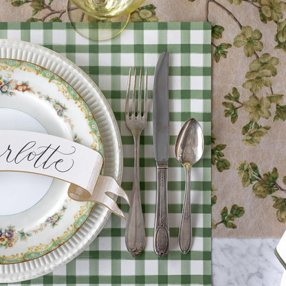 Green Cherry Blossom Runner under a spring place setting featuring the Green Painted Check Placemat.