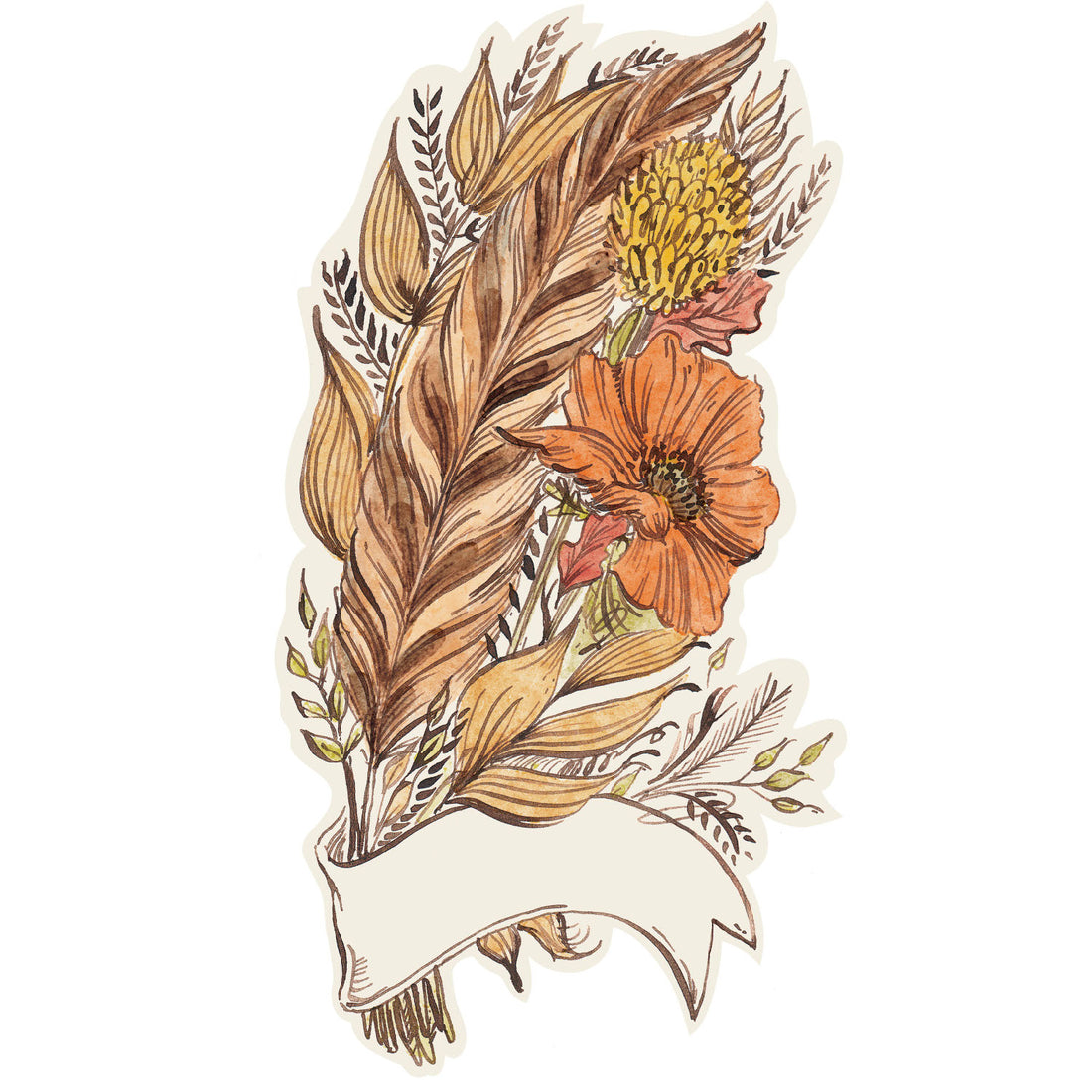 A die-cut illustration of a feather and fall foliage in brown, orange and yellow, wrapped in a white ribbon that&