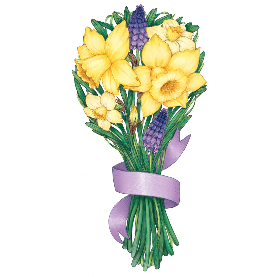 A die-cut illustration of bright yellow daffodils and purple blooms with vibrant green stems bundled with a lavender ribbon, which creates a blank space for personalization.