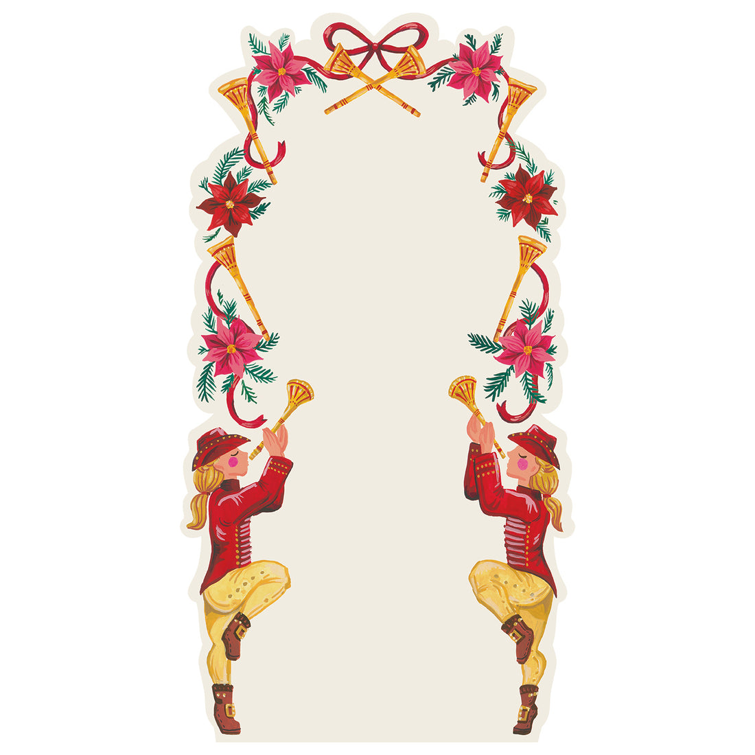 A die-cut card bordered with whimsical illustrations; on either side of the bottom are two people in vintage marching band outfits playing horns, and surrounding the upper part of the card is a repeating pattern of horns, poinsettia blooms, and red ribbon tied in a bow at the top.