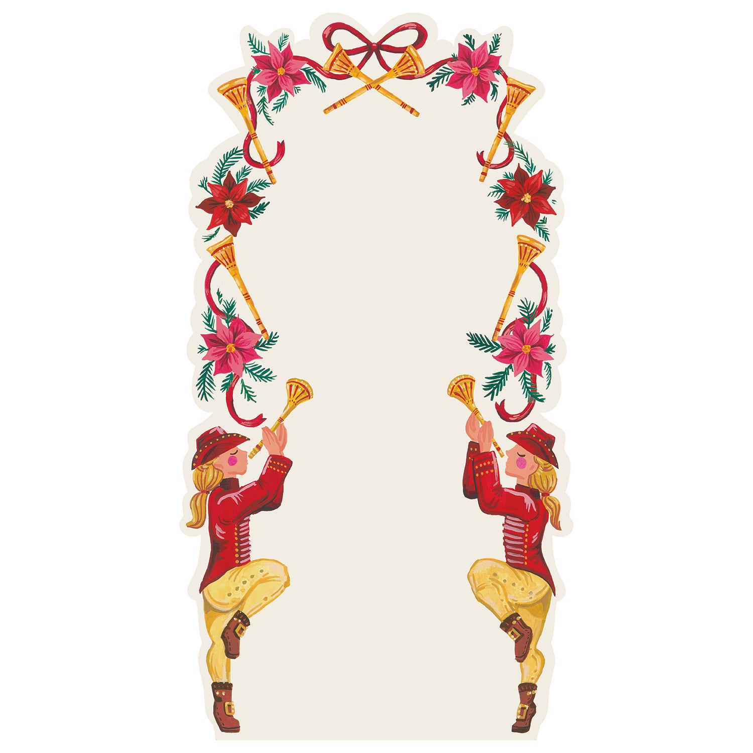 A die-cut card bordered with whimsical illustrations; on either side of the bottom are two people in vintage marching band outfits playing horns, and surrounding the upper part of the card is a repeating pattern of horns, poinsettia blooms, and red ribbon tied in a bow at the top.