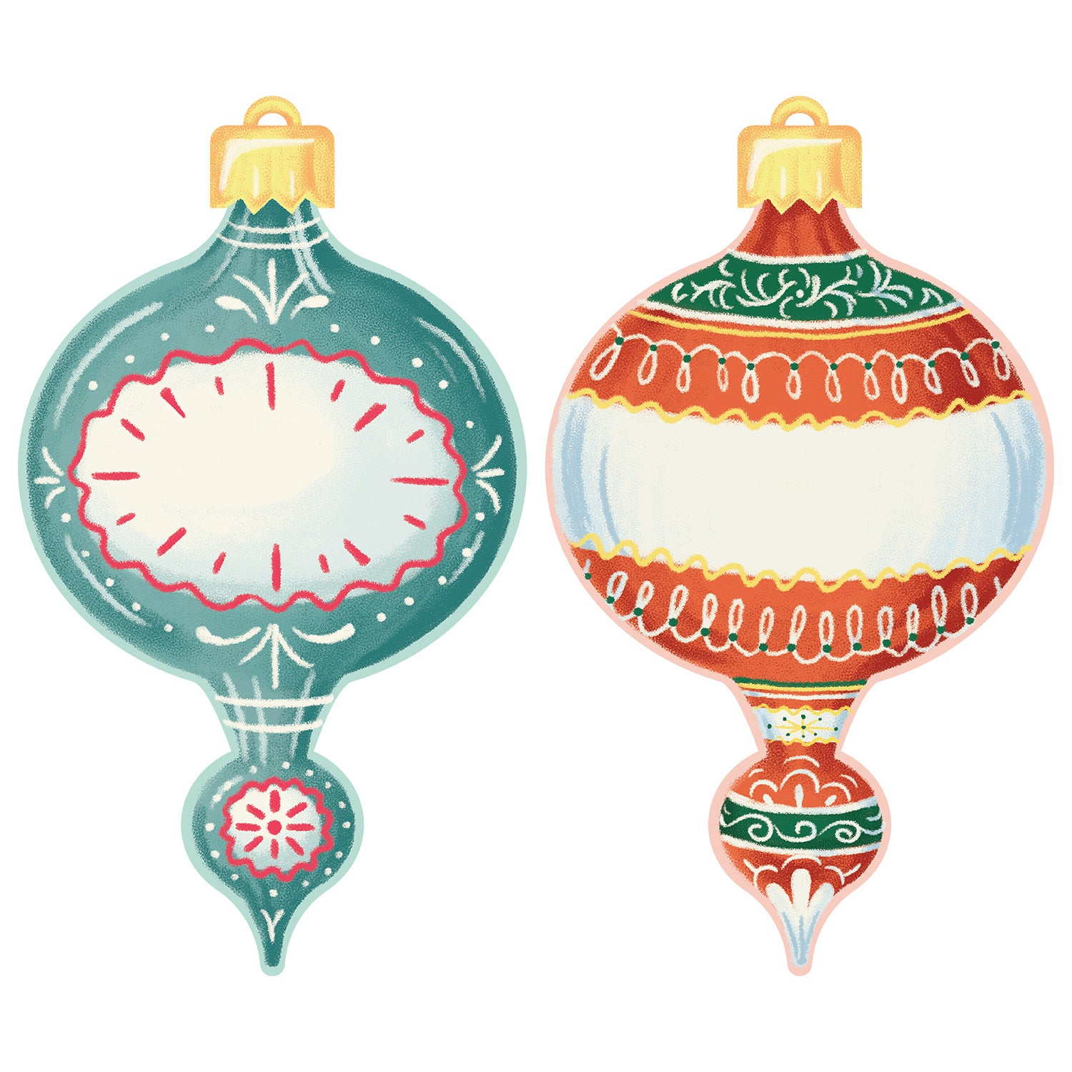 Both sides of a die-cut illustrated vintage-style Christmas ornament; one side is blue and white with red and gold accents, the other side is red and white with green and gold accents.