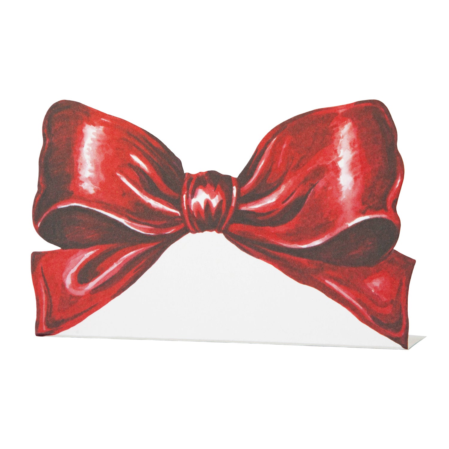 A die-cut realistic drawing of a red bow with a white stand-up bottom as a place card, on a white background.