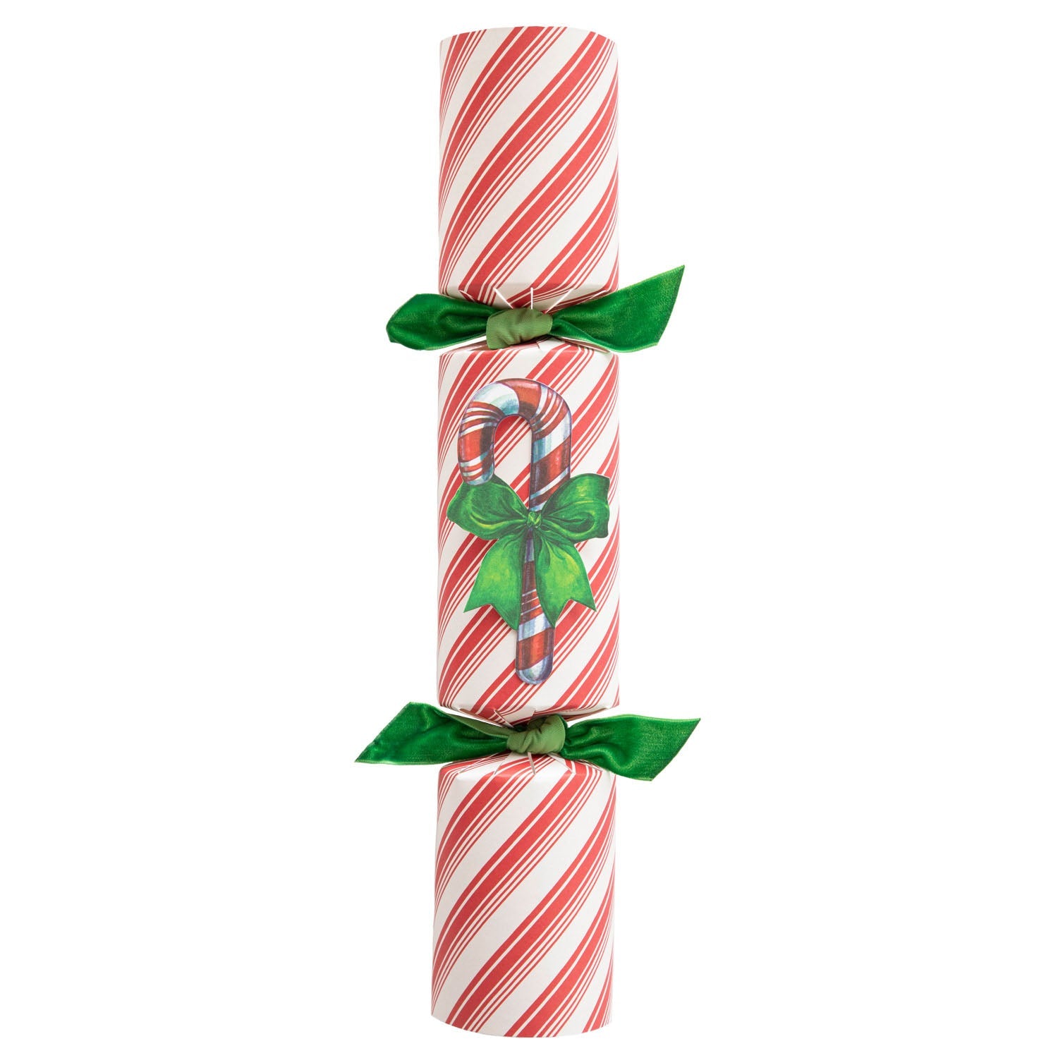 A festive Candy Cane Cracker with green velvet bows and a candy cane accent.