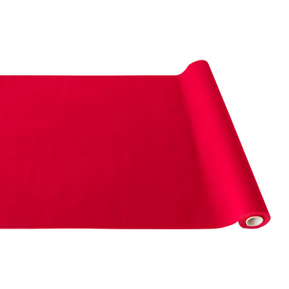 A roll of Red Flocked Runner rolled out on a white background.