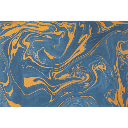 An abstract, marbled pattern of medium blue swirled randomly with marigold. 