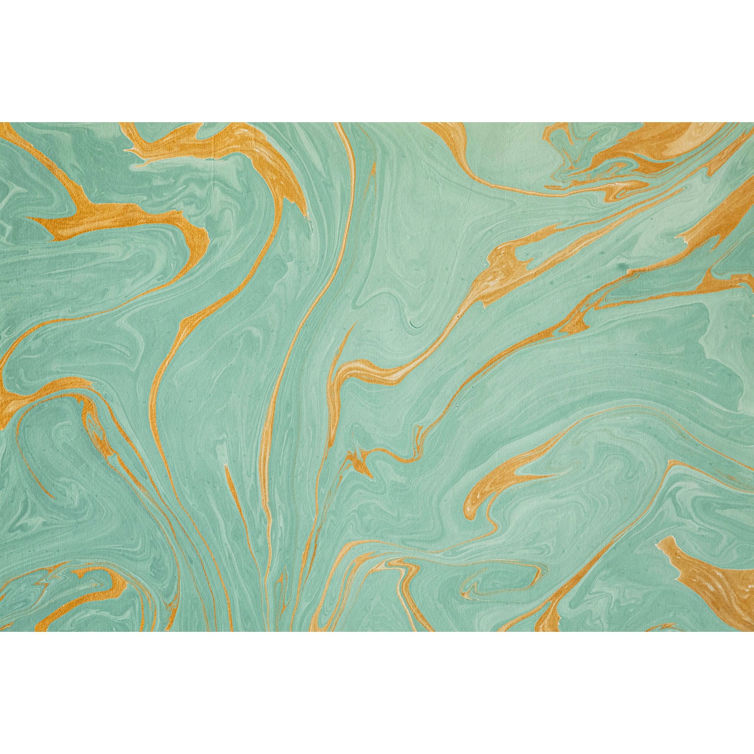 An abstract, marbled pattern of seafoam swirled randomly with shimmering gold.