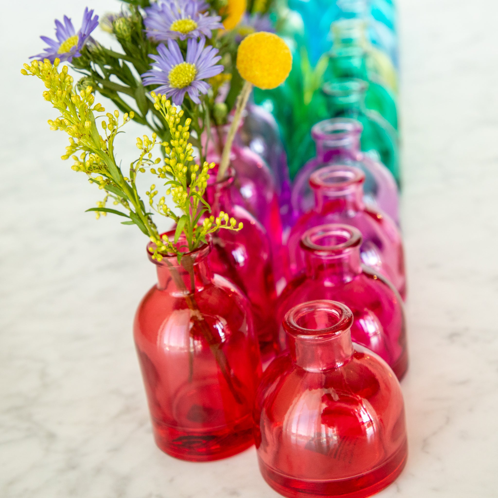 Tall and round Jewel Tone Glass Bud Vases ranging from colors red to blue.