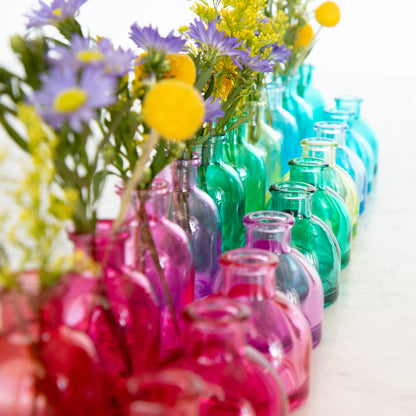 Tall and round Jewel Tone Glass Bud Vases ranging from colors red to blue.