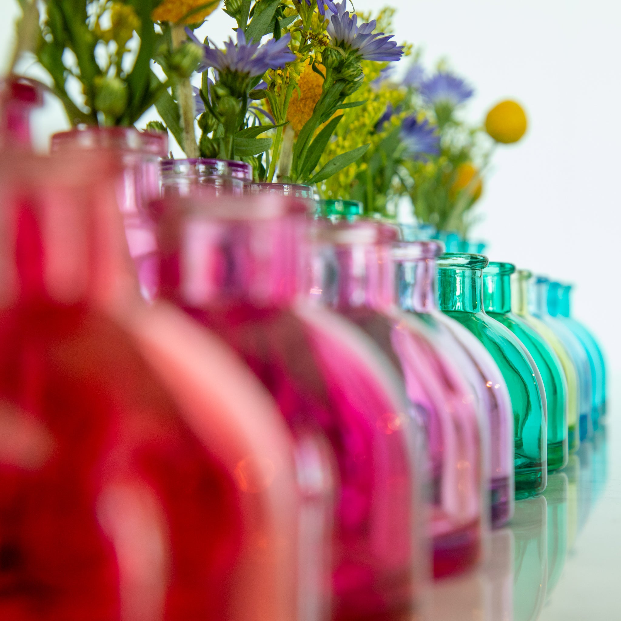 Tall and round Jewel Tone Glass Bud Vases ranging from colors red to blue.