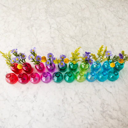 A top down view of the Jewel Tone Glass Bud Vases in assorted Colors.