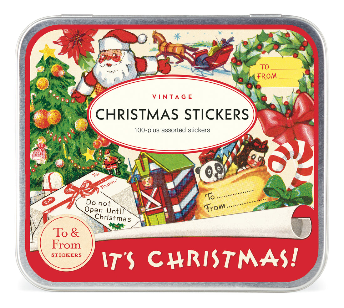 Tin that the Vintage Christmas Stickers come in with image of miscellaneous Christmas ephemera