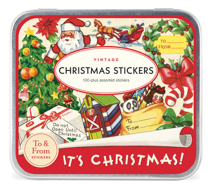 Tin that the Vintage Christmas Stickers come in with image of miscellaneous Christmas ephemera