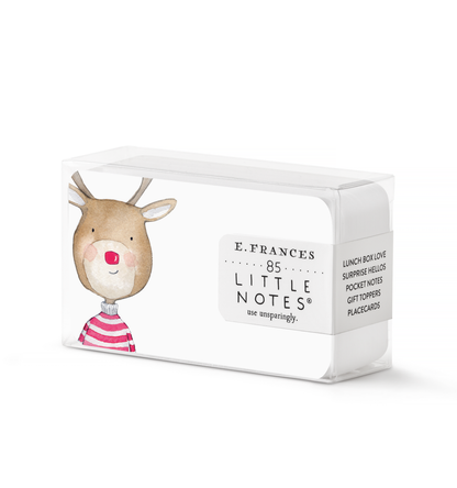 box of little notes with illustration of a reindeer on it with a red nose and a red and white striped sweater on