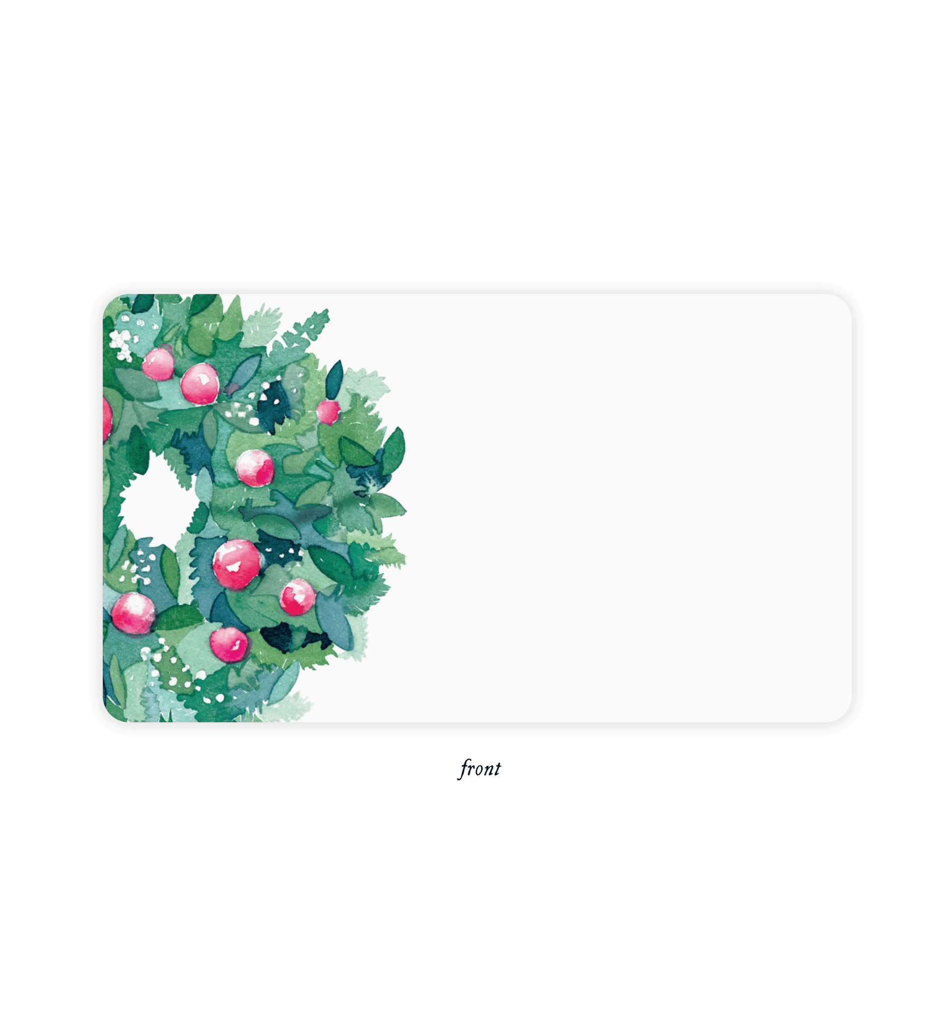 front of little notes with illustration of a green wreath with red ornaments in it