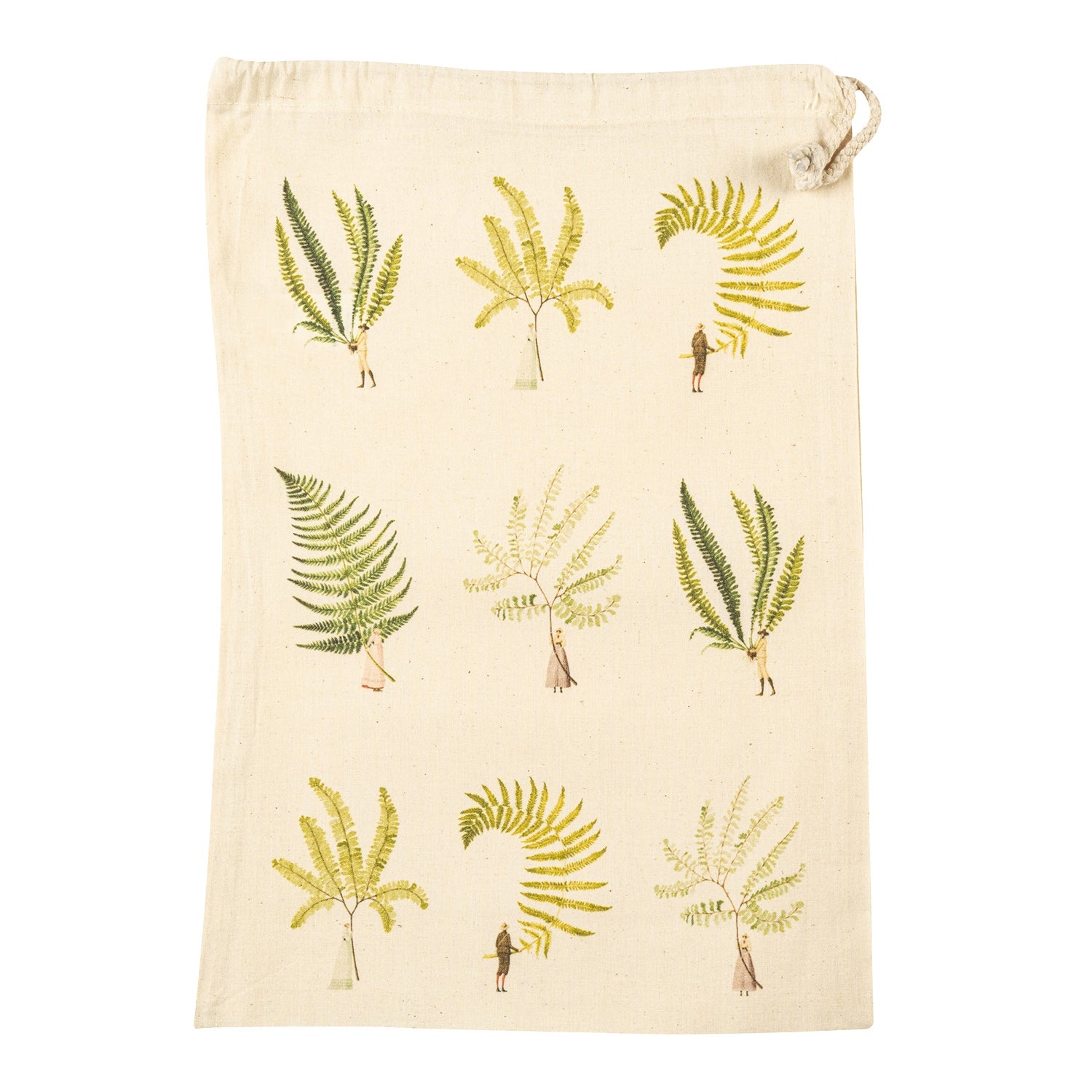 The Medium Fabulous Ferns Laura Stoddart Drawstring Bag, featuring 9 illustrations of small people holding large fern fronds by the stems.