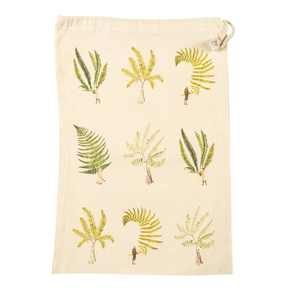 The Medium Fabulous Ferns Laura Stoddart Drawstring Bag, featuring 9 illustrations of small people holding large fern fronds by the stems.