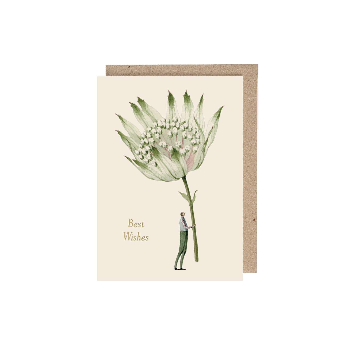 Astrantia Greeting Card featuring artwork of a man holding a gigantic Astrantia flower and gold foil text that reads &quot;Best wishes&quot;.