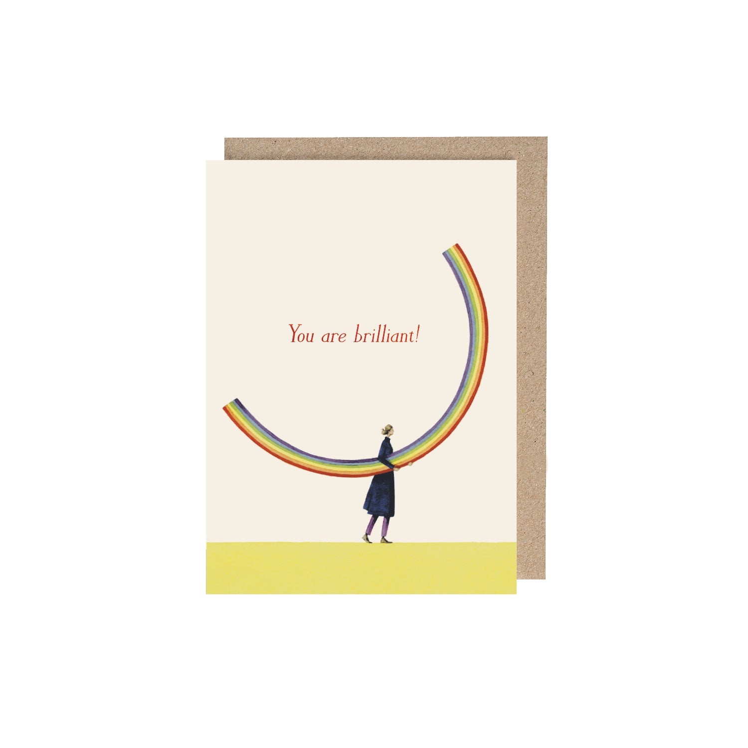 Rainbow Girl (You are brilliant) Greeting Card featuring artwork of a woman walking on a yellow path holding a rainbow upside down and red text that says &quot;You are brilliant!&quot;.