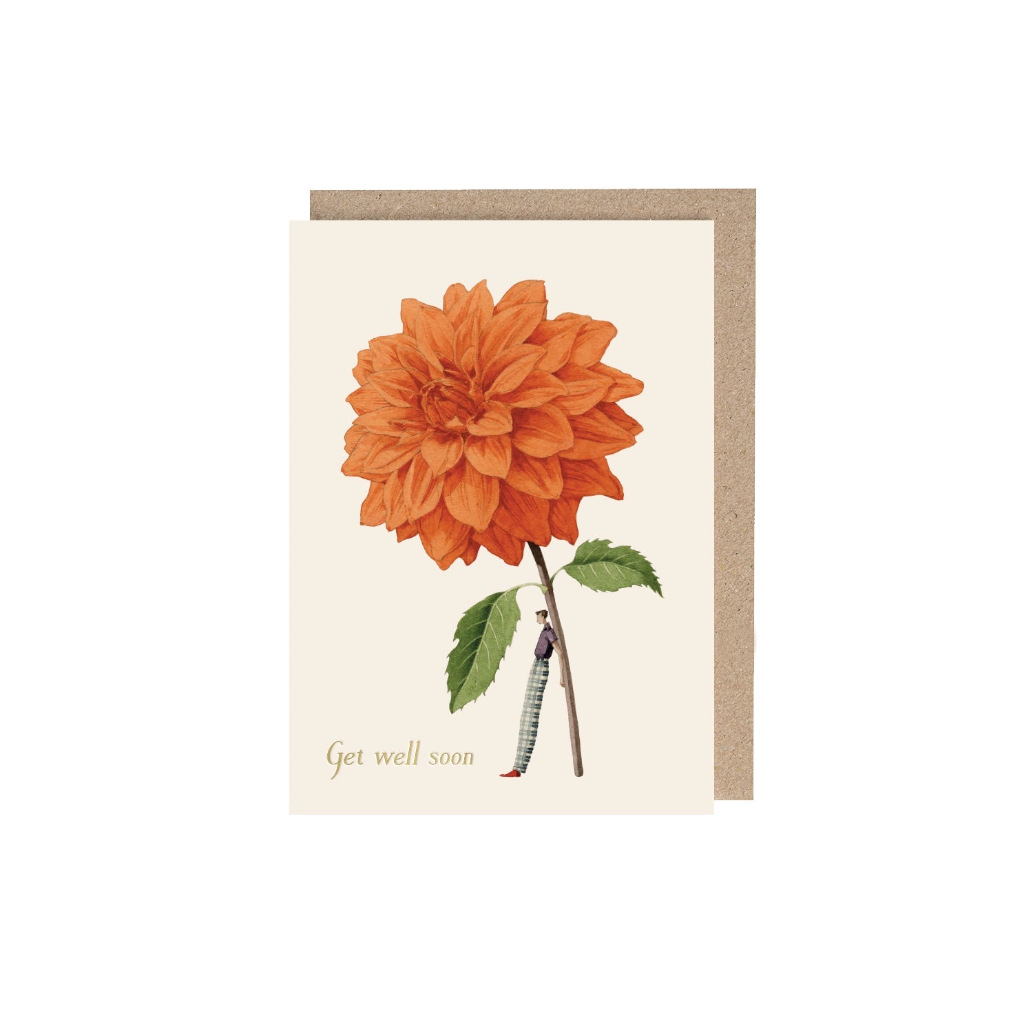 Orange Dahlia (Get well soon) Greeting Card featuring artwork of a man leaning against a giant orange Dahlia with text that reads &quot;Get well soon&quot;.