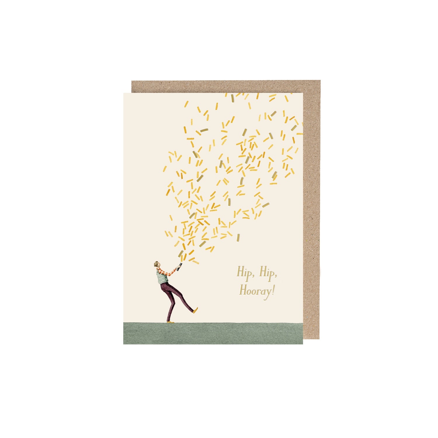 Glitter Bomb Boy (Hip, Hip, Hooray) Greeting Card featuring artwork of a man popping a confetti can into the air and text that reads &quot;Hip, Hip, Hooray!&quot;.