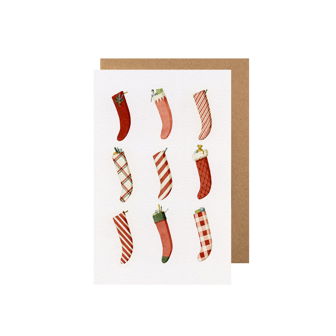 A white card featuring nine illustrated Christmas stockings evenly spaced in three rows, with included kraft paper envelope.