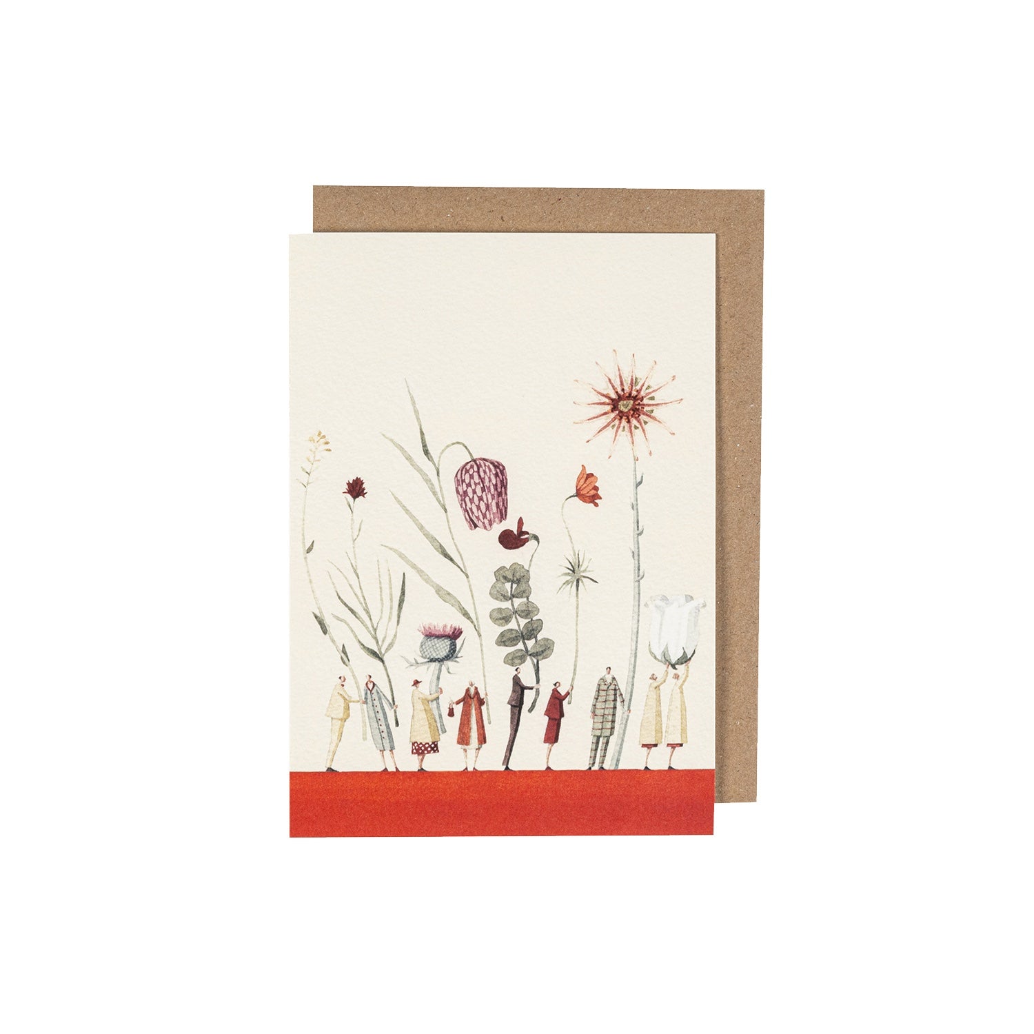 The Chelsea Row Greeting Card features an illustration of small people on a red floor holding up assorted gigantic wildflowers, accompanied by a brown envelope made from environmentally sustainable paper.