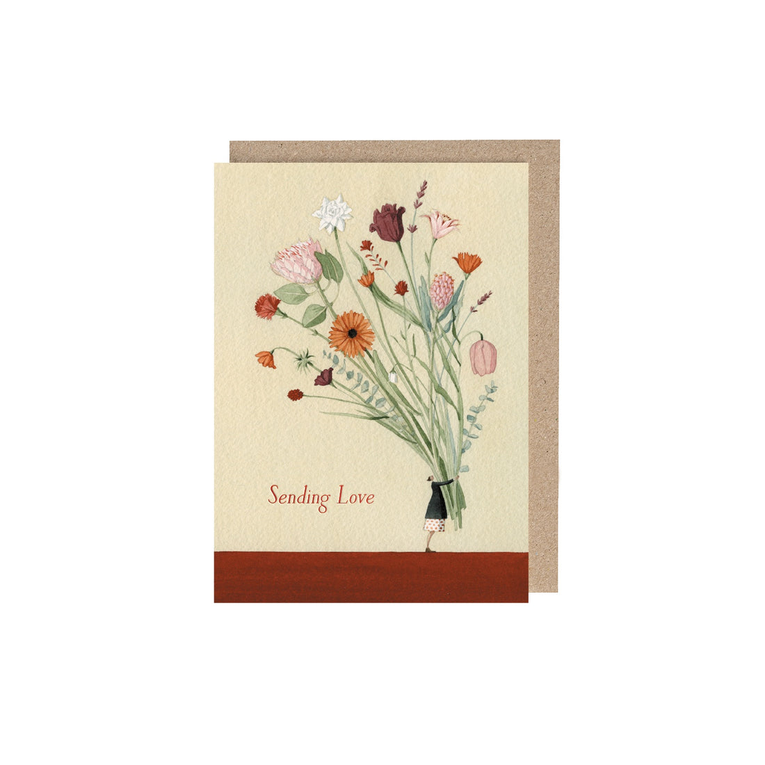 Flower Bundle (Sending Love) Greeting Card featuring artwork of a woman holding a giant bundle of flowers and text that says &quot;Sending Love&quot;.