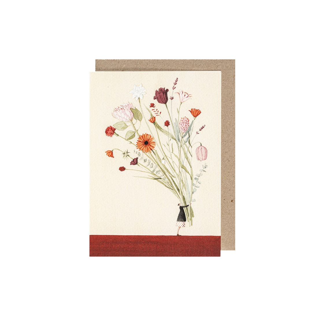 A greeting card featuring a stylized illustration of a small woman standing on a burgundy plane and holding a gigantic bouquet of wildflowers on a cream background, with included kraft paper envelope.