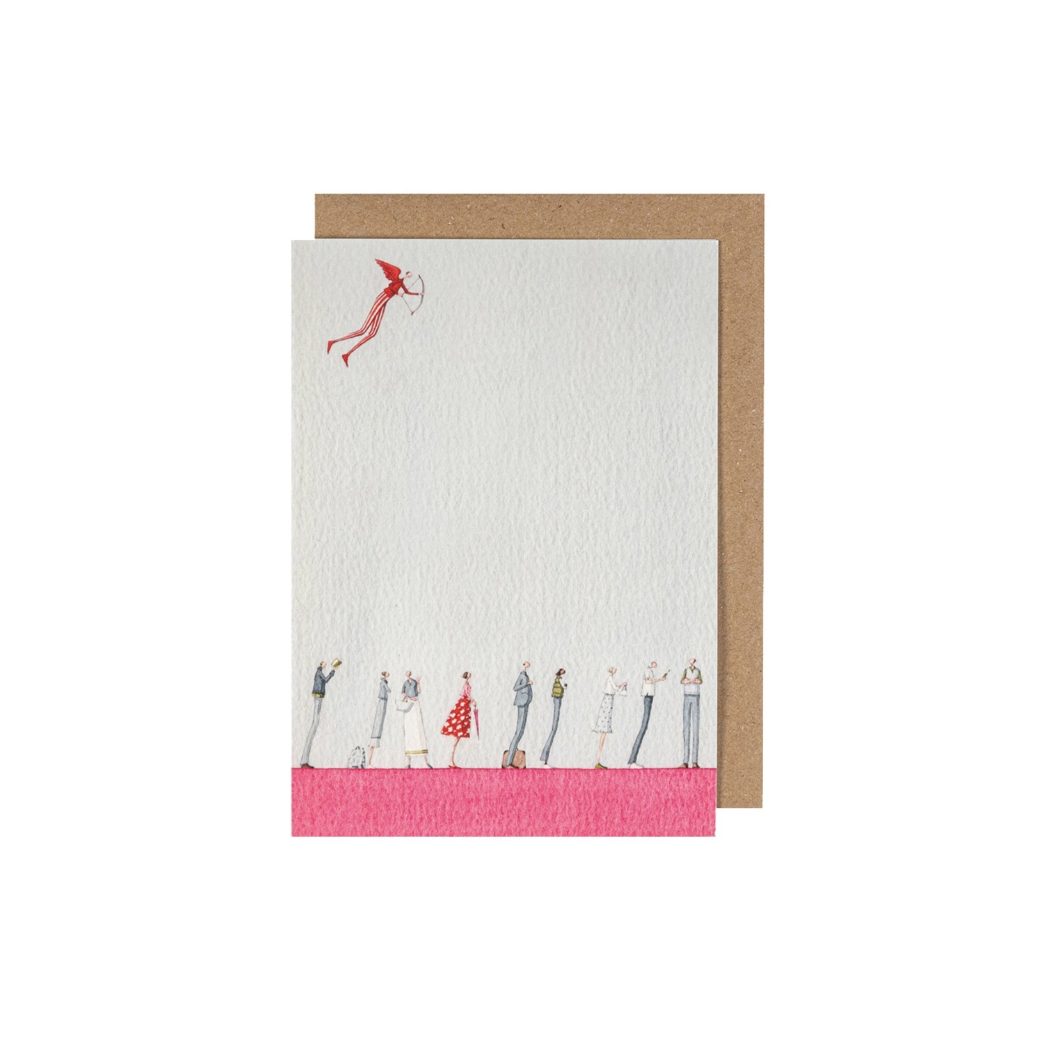 A greeting card featuring a stylized illustration of a group of people standing on a pink plane along the bottom, while a red-clad cupid with a bow hovers in the upper left corner. Kraft paper envelope is included.