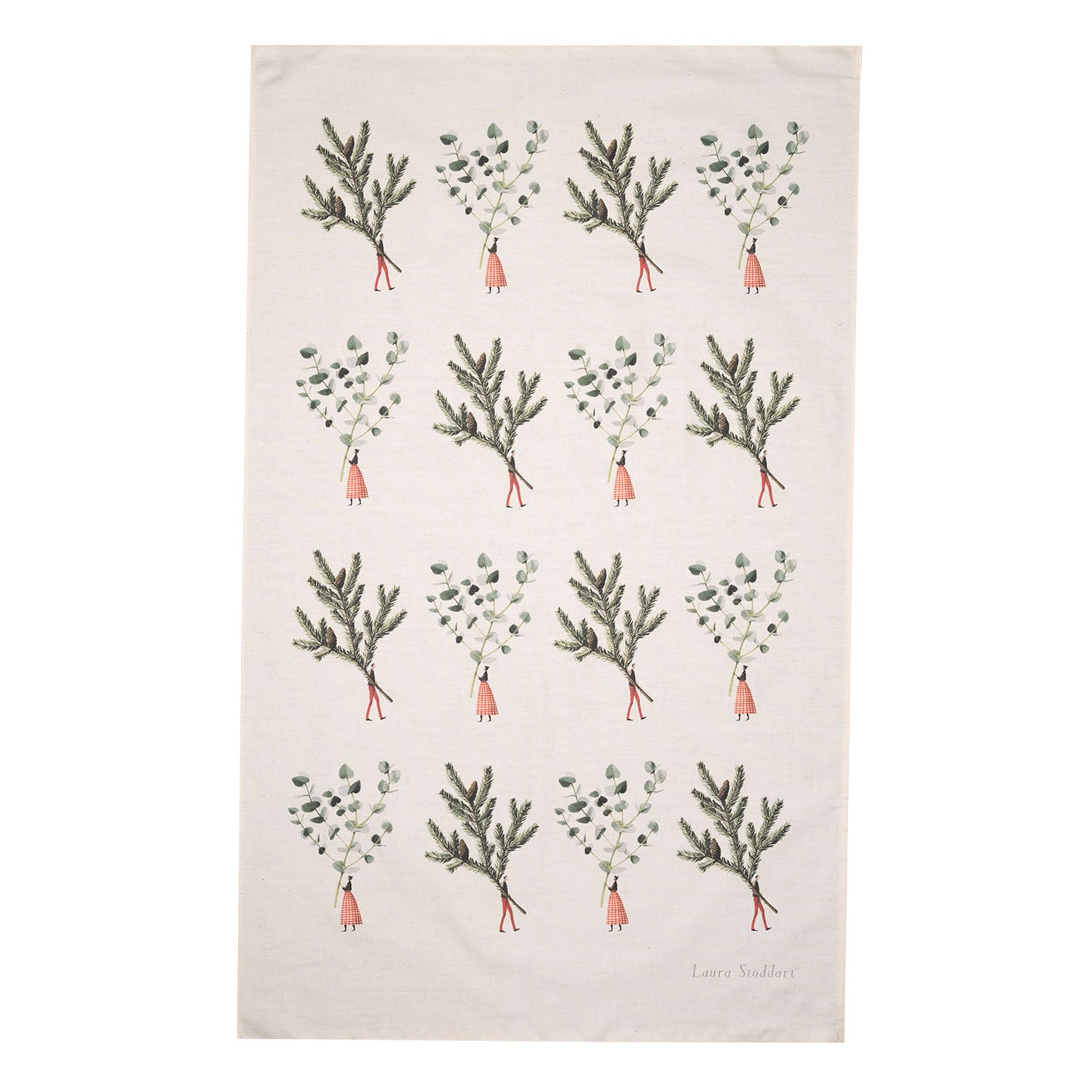 A natural linen tea towel patterned with 2 illustrations repeated 16 times: one is a small woman holding a gigantic eucalyptus sprig, and the other is a small man holding a gigantic spruce branch. 