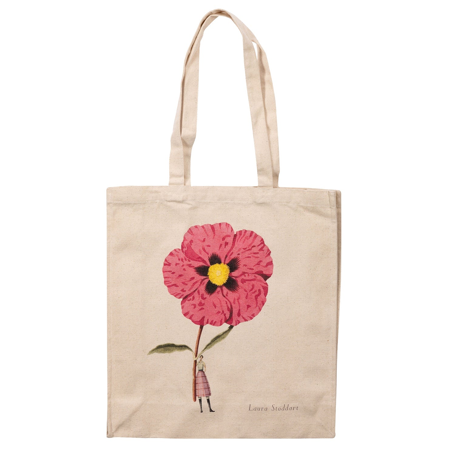 The Cistus Heavyweight Canvas Tote Bag is light tan featuring a stylized illustration of a woman holding a gigantic pink cistus bloom by the stem.