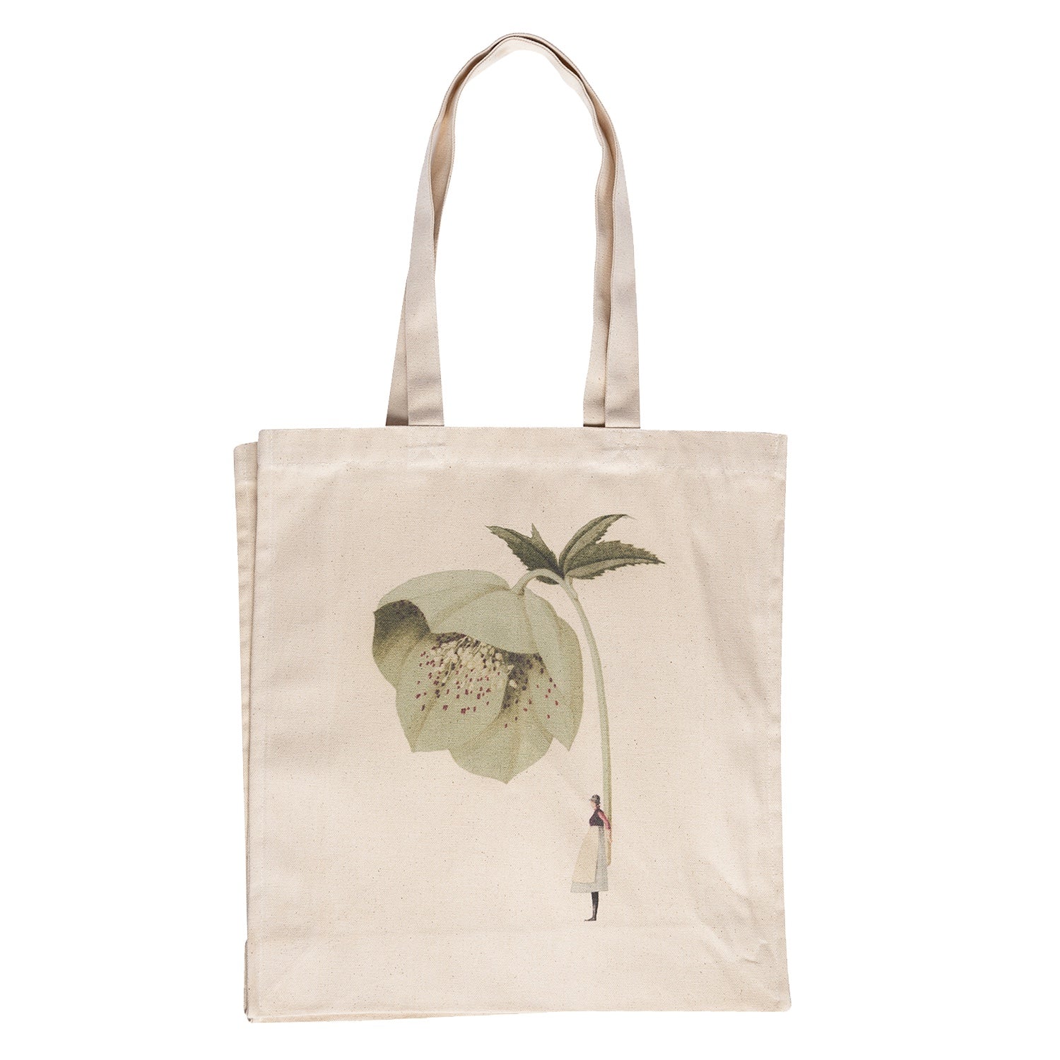 The Hellebore Heavyweight Canvas Tote Bag is light tan featuring a stylized illustration of a woman holding a gigantic light green hellebore bloom by the stem.