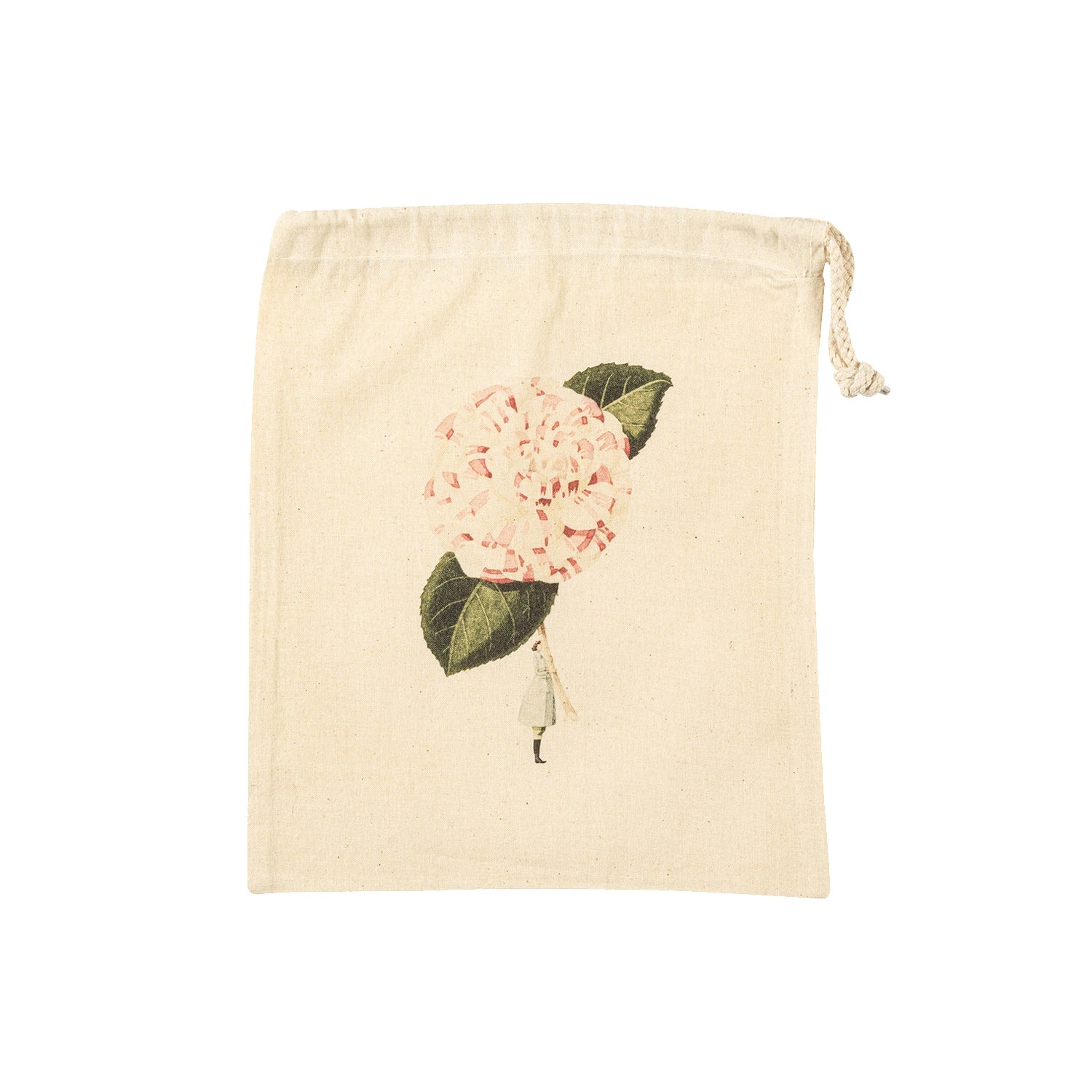 The Small Camellia Laura Stoddart Drawstring Bag featuring an illustration of a small woman holding a gigantic pink bloom by the stem. 