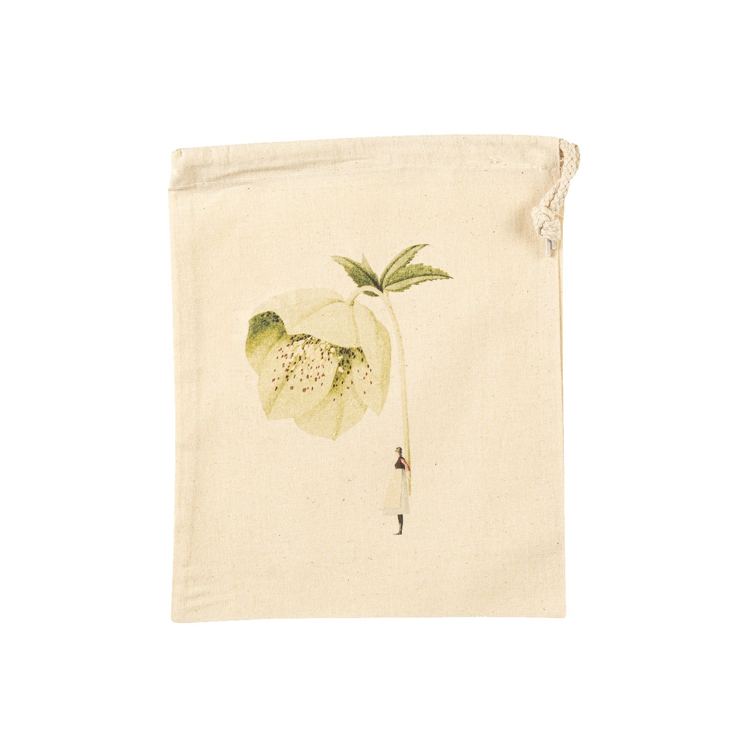 The Small Hellebore Laura Stoddard Drawstring Bag, featuring an illustration of a small woman holding a gigantic green bloom by the stem. 