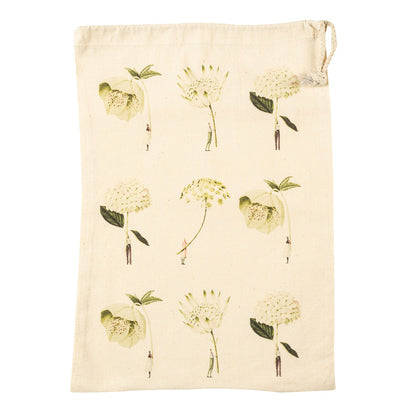 The Medium Green Flowers Laura Stoddart Drawstring bag, featuring 9 illustrations of small people holding gigantic green blooms by the stems. 